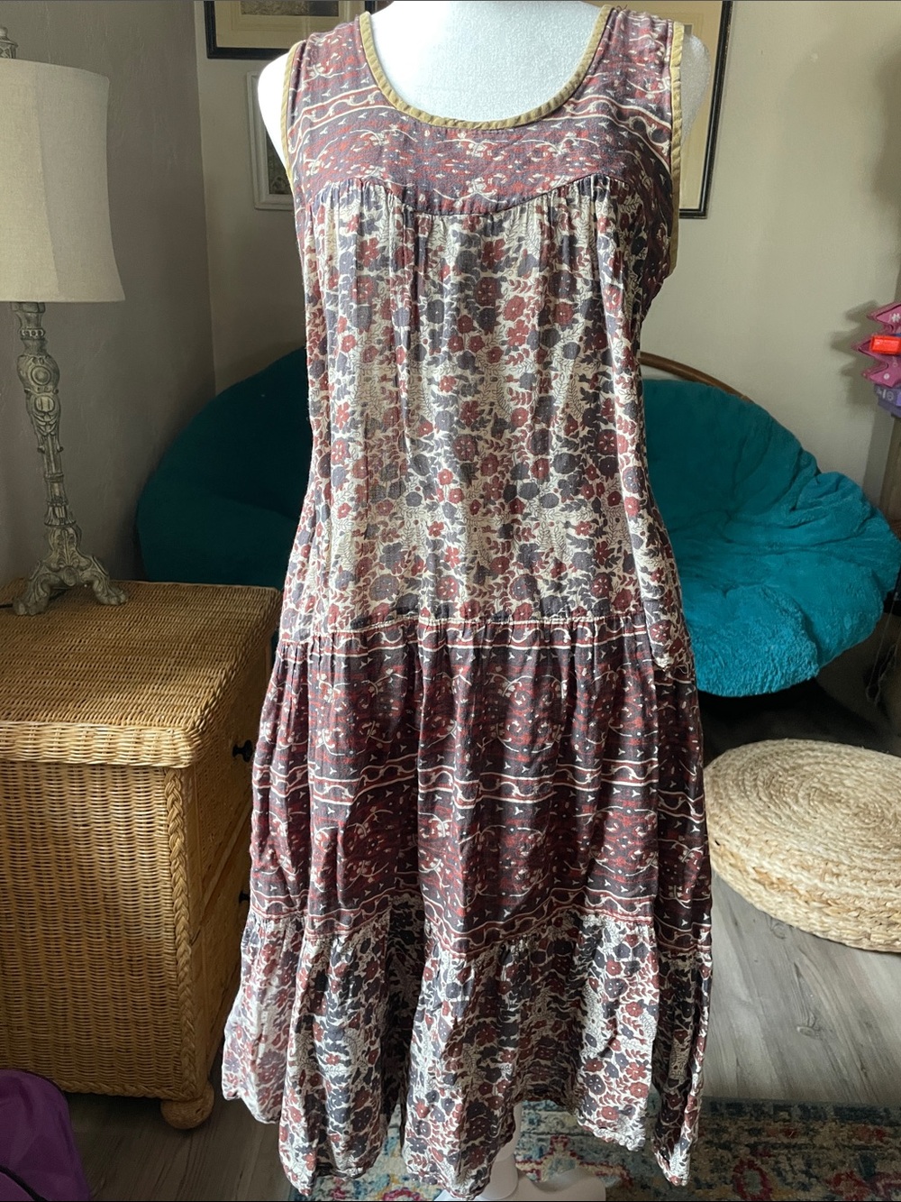 Vintage Hippie Sleeveless Block Print Midi Dress